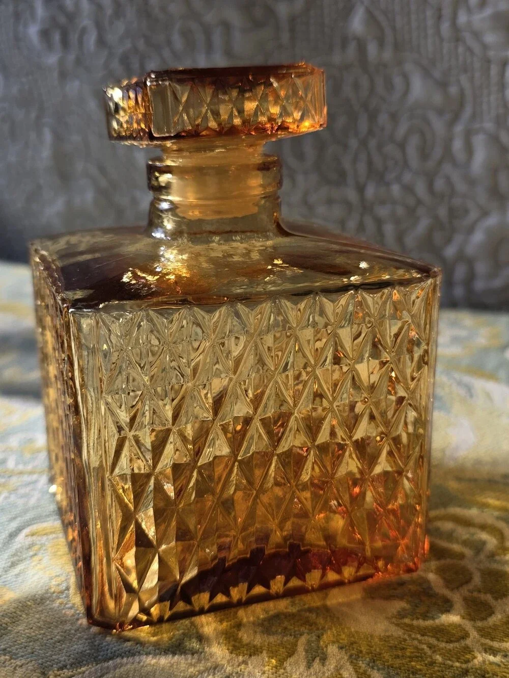 VTG Mid Century Amber Diamond Point Glass Decanter Bottle | Japan